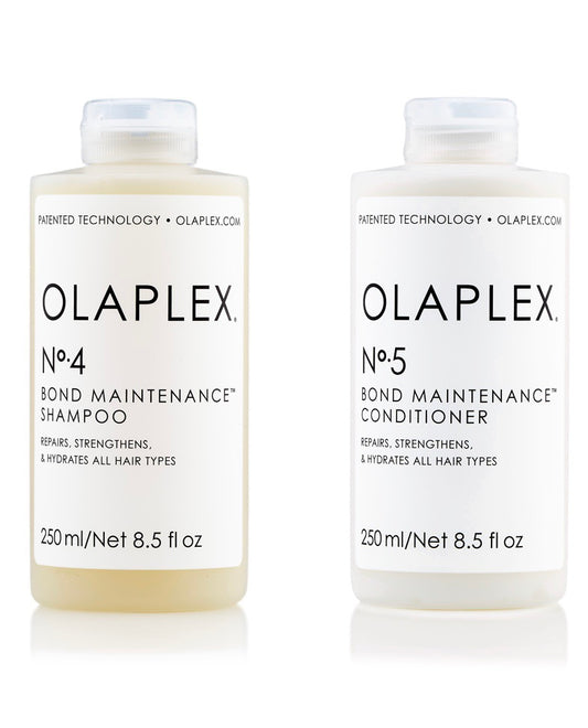 OLAPLEX No.4 & OLAPLEX No.5 shampoo and conditioner on white background