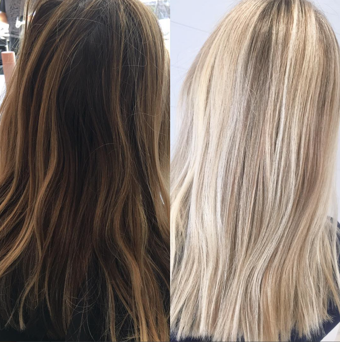 Brunette to bright blonde hair transformation before and after
