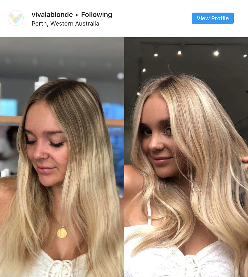 Viva La Blonde Instagram post of before and after blonde hair transformation