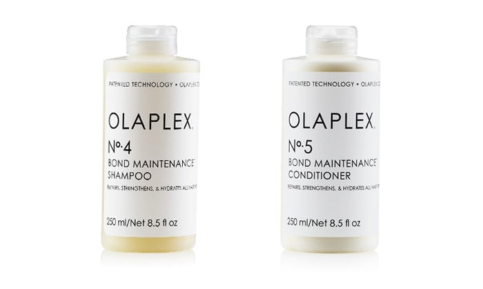 OLAPLEX No.4 & No.5 shampoo and conditioner on white background
