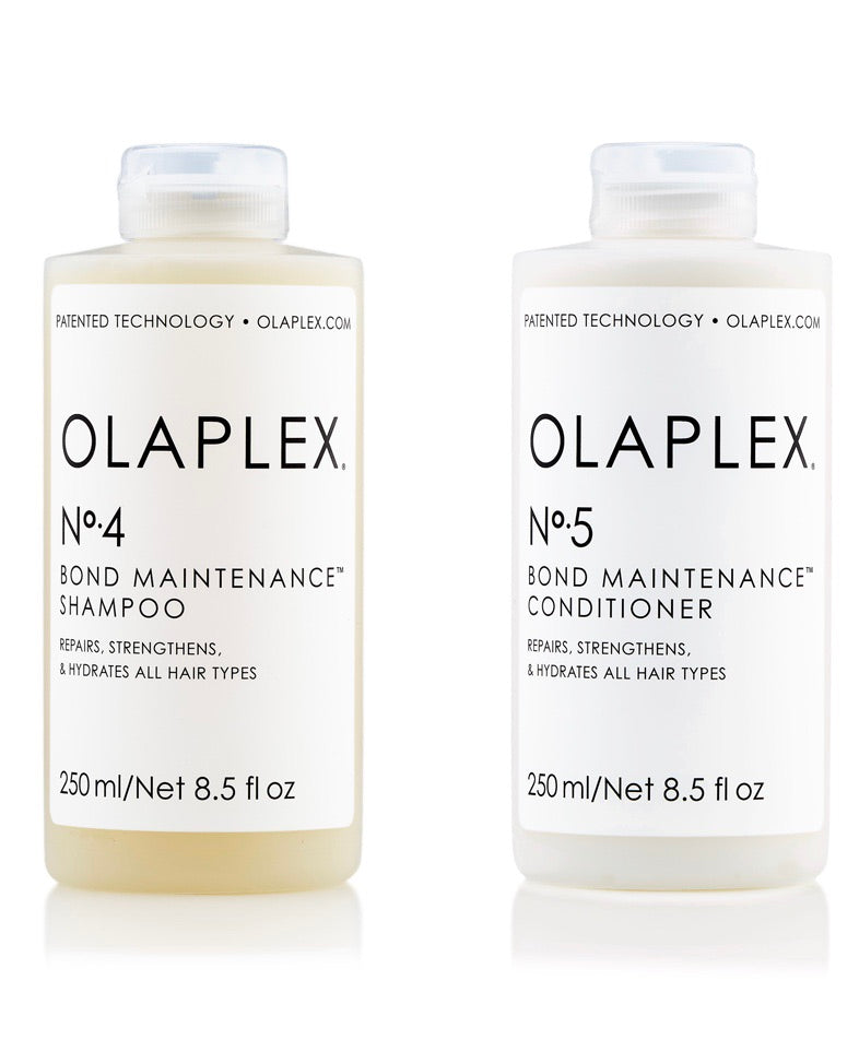 OLAPLEX No.4 & OLAPLEX No.5 shampoo and conditioner on white background 